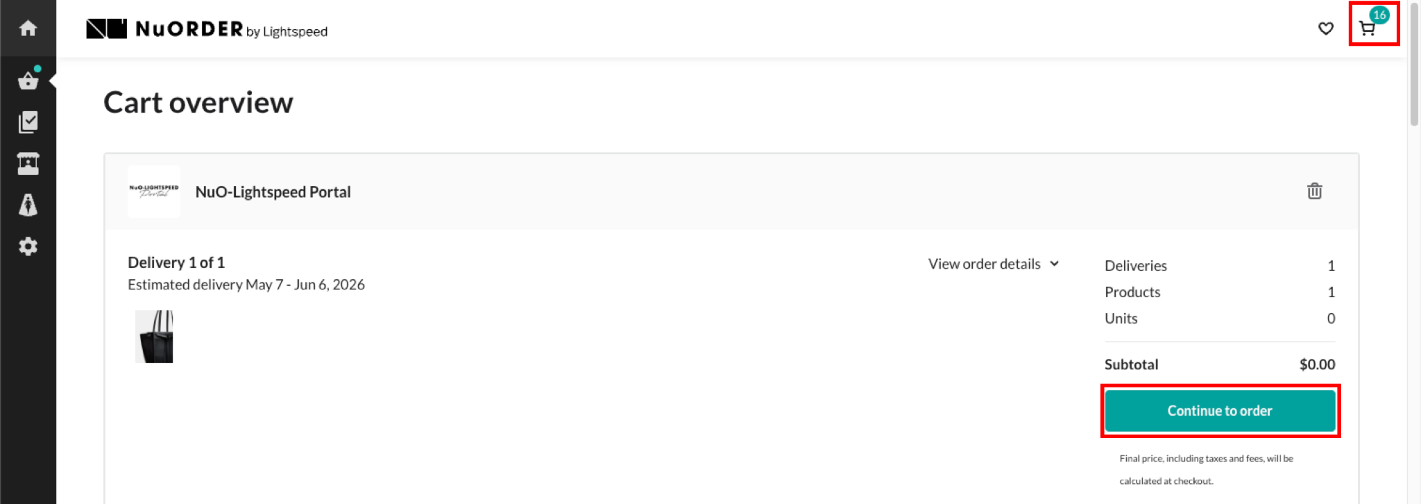Image of the cart icon and Continue to order option.