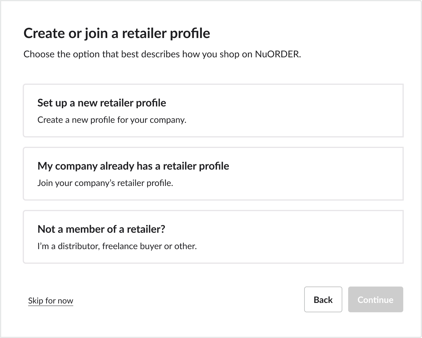 Image of Create or join retailer profile screen.