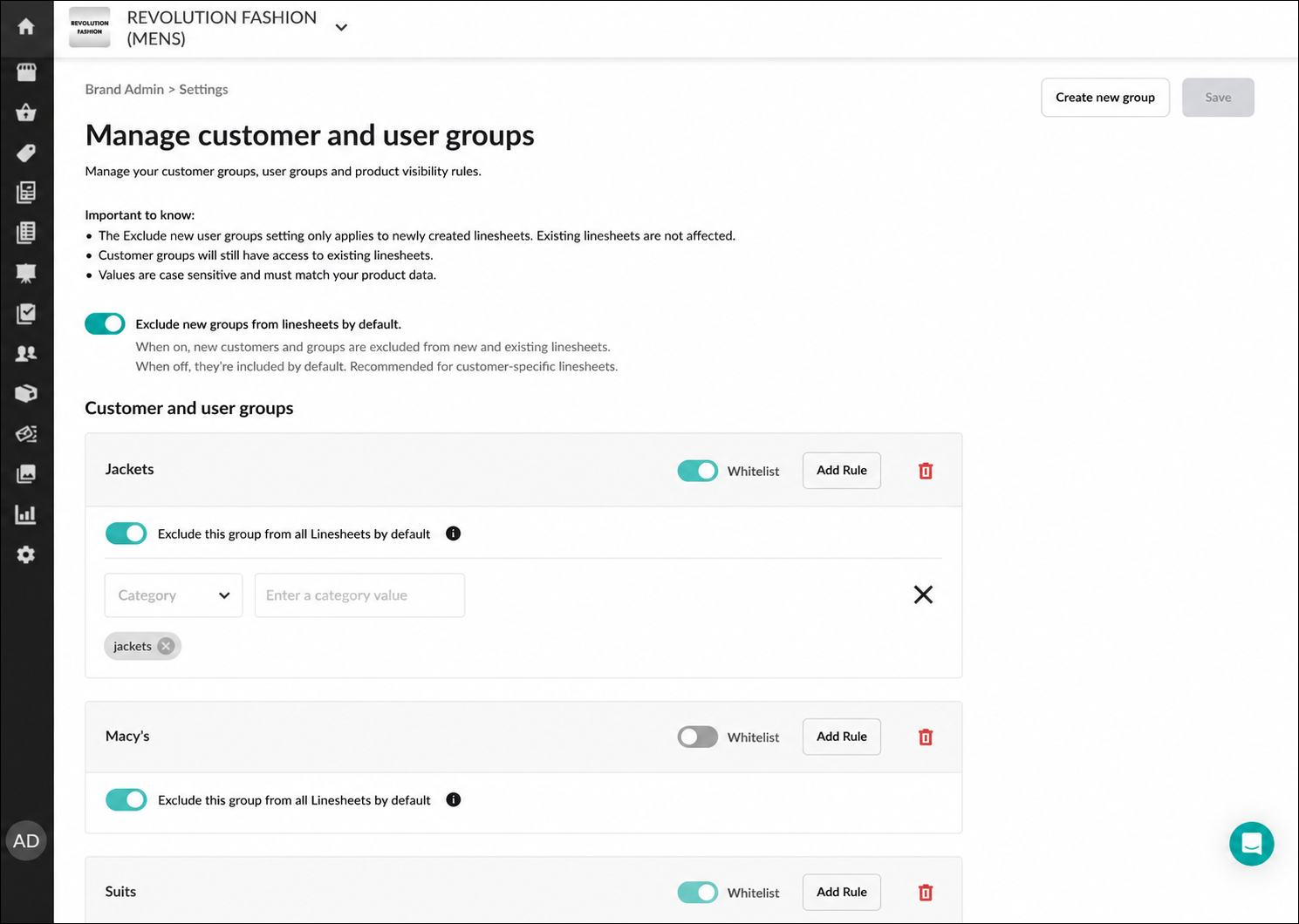 Image of Manage customer and user groups page.