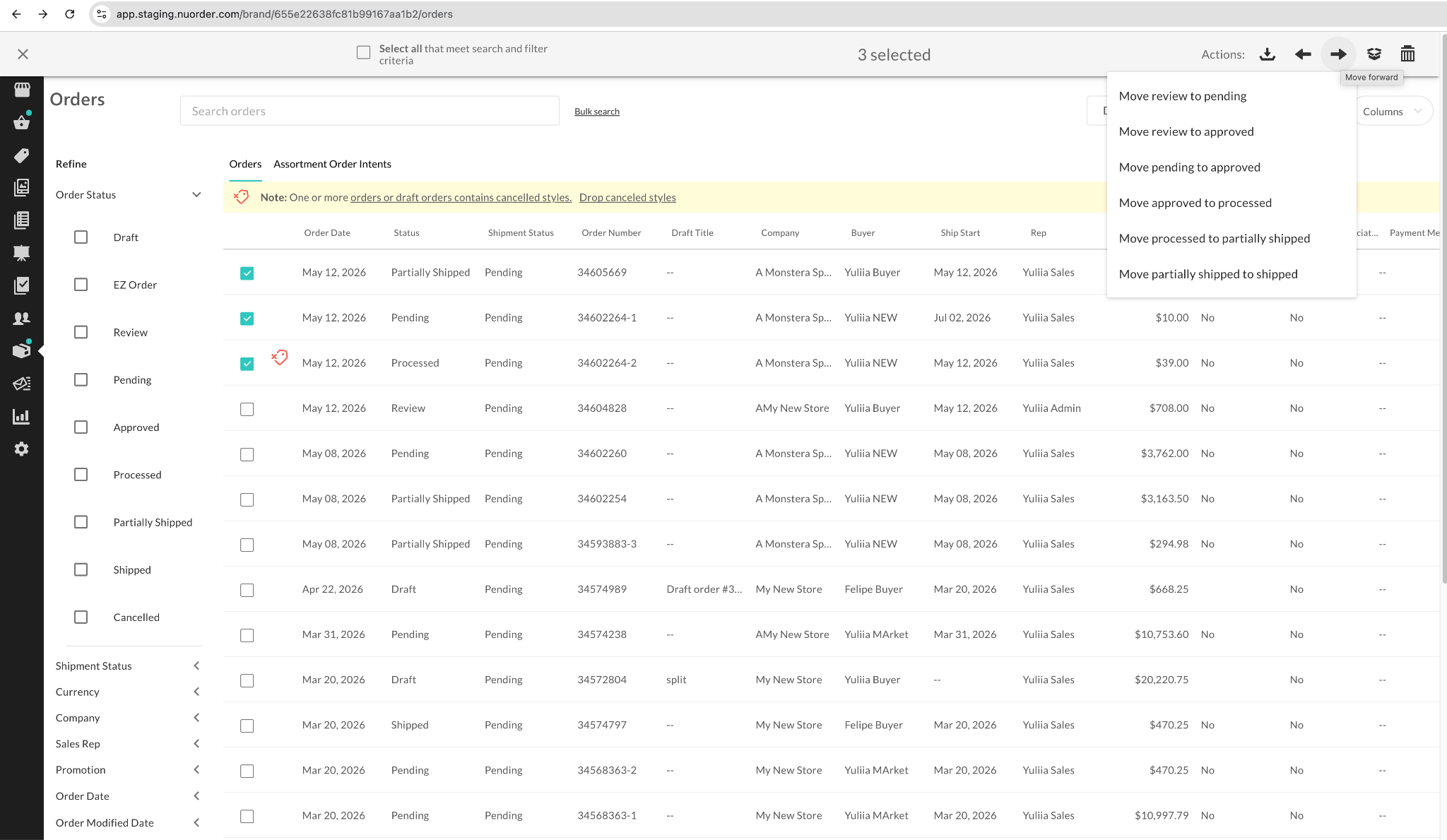 Image of Orders page with Partially shipped options.