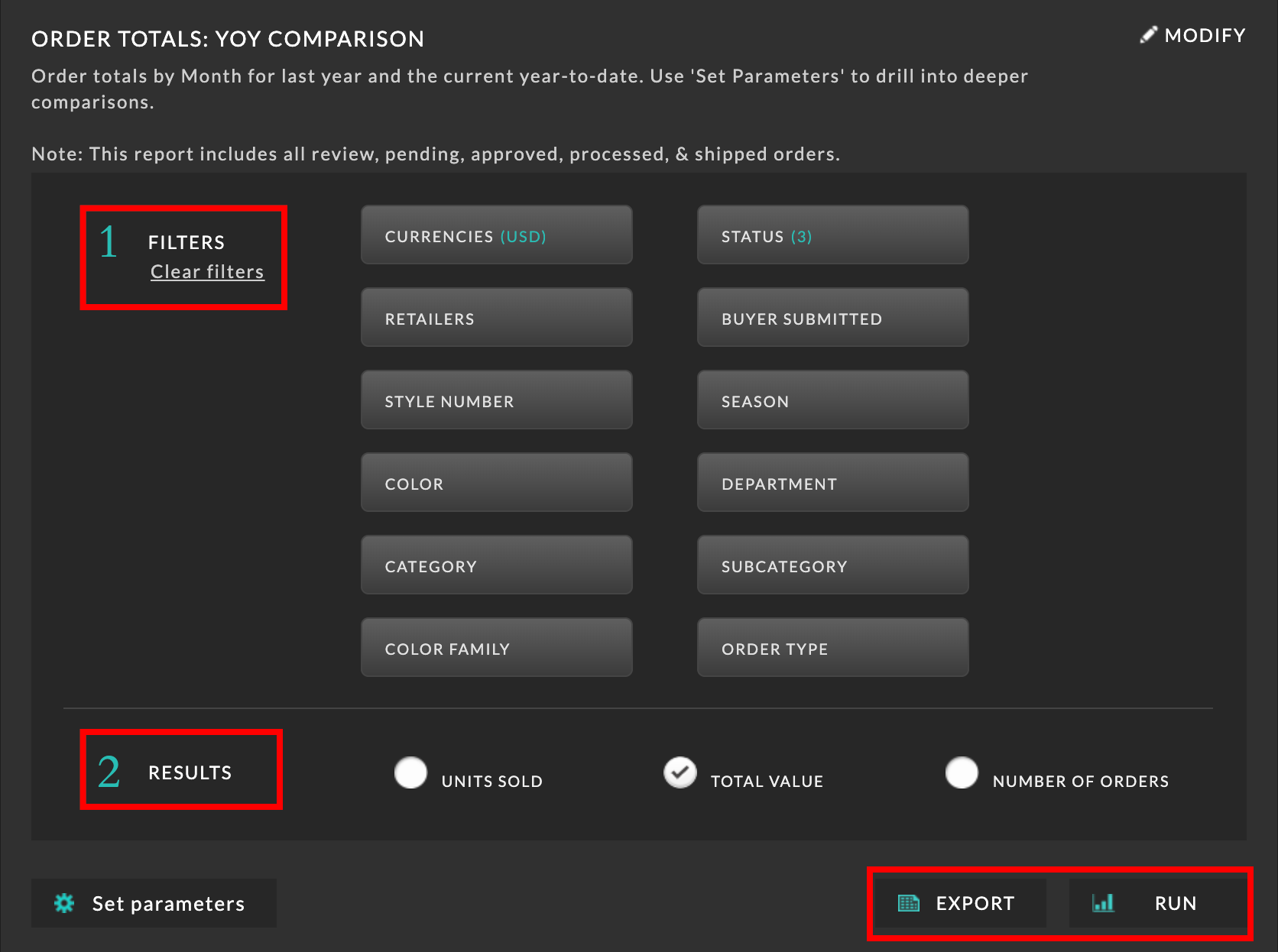 Image of set parameters options when reporting.