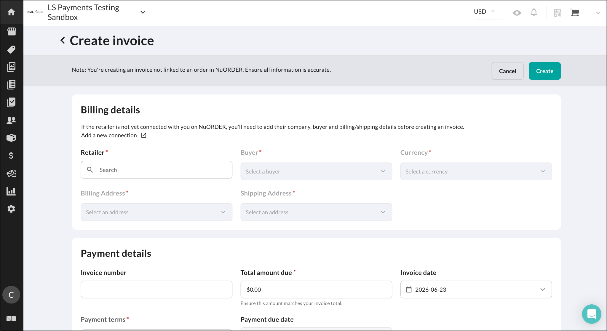 Image of Create invoice screen.