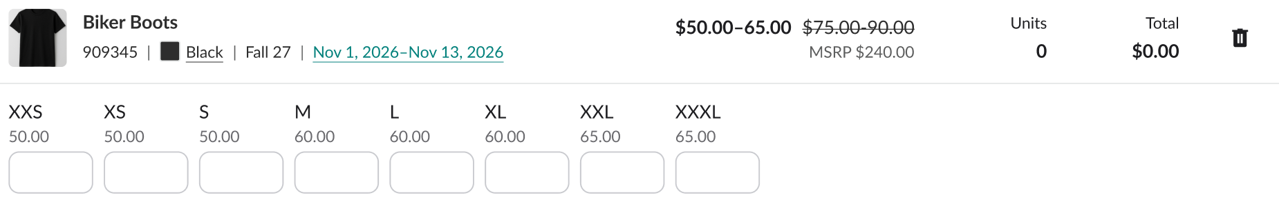 Image with a different price per size.