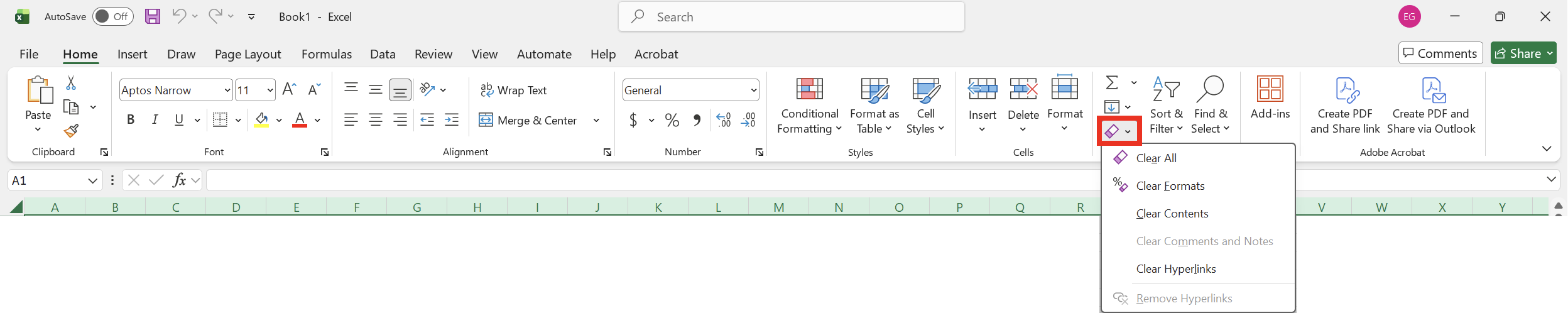 Image of the Clear button in Excel.