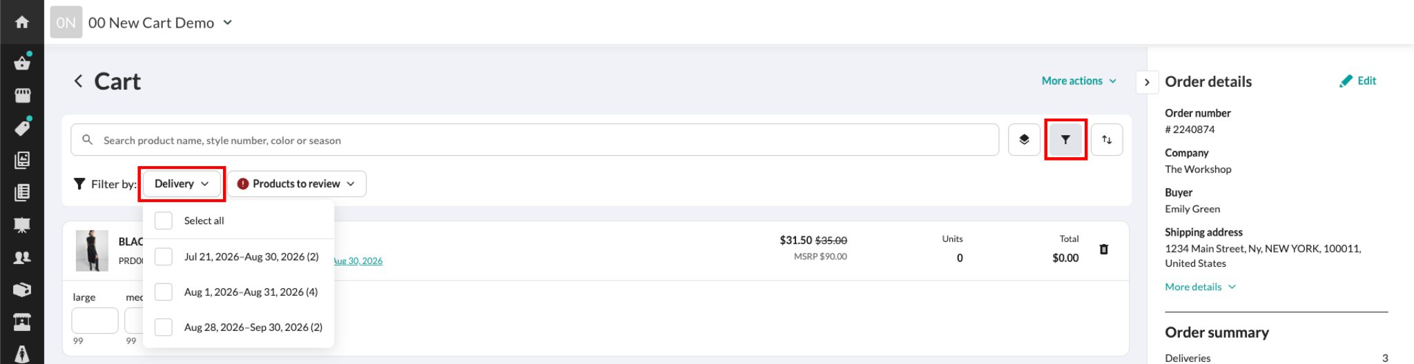 Image of filter options in the cart.