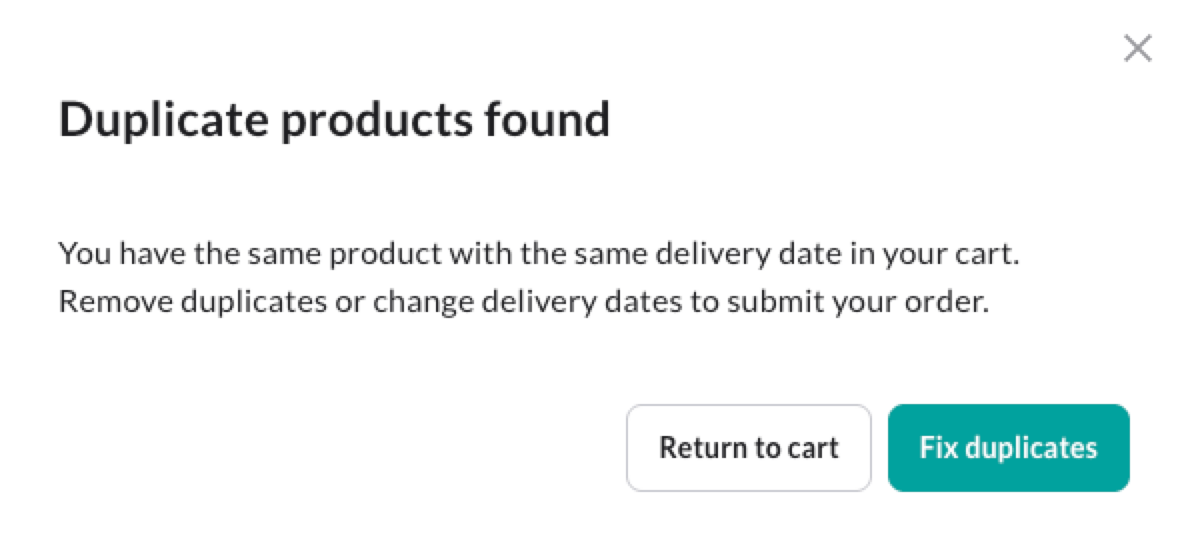 Image of duplicate products found modal.
