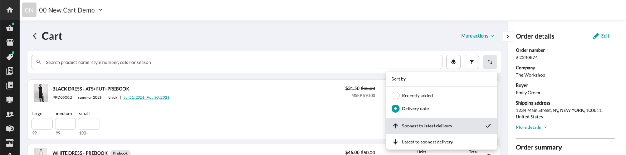 Image of Sort by options in the cart.