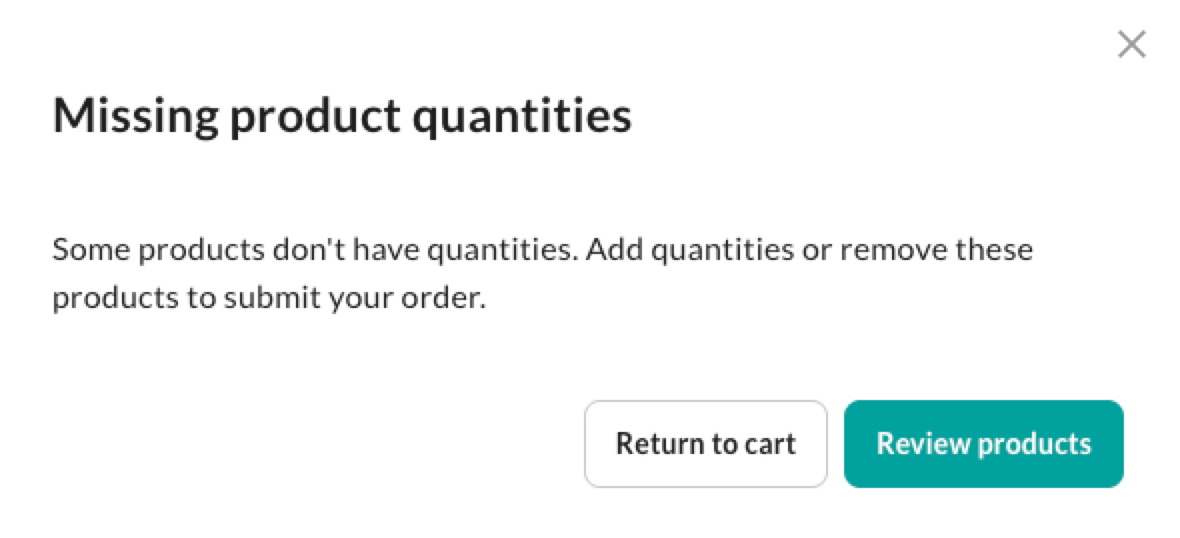 Image of missing product quanitities modal.