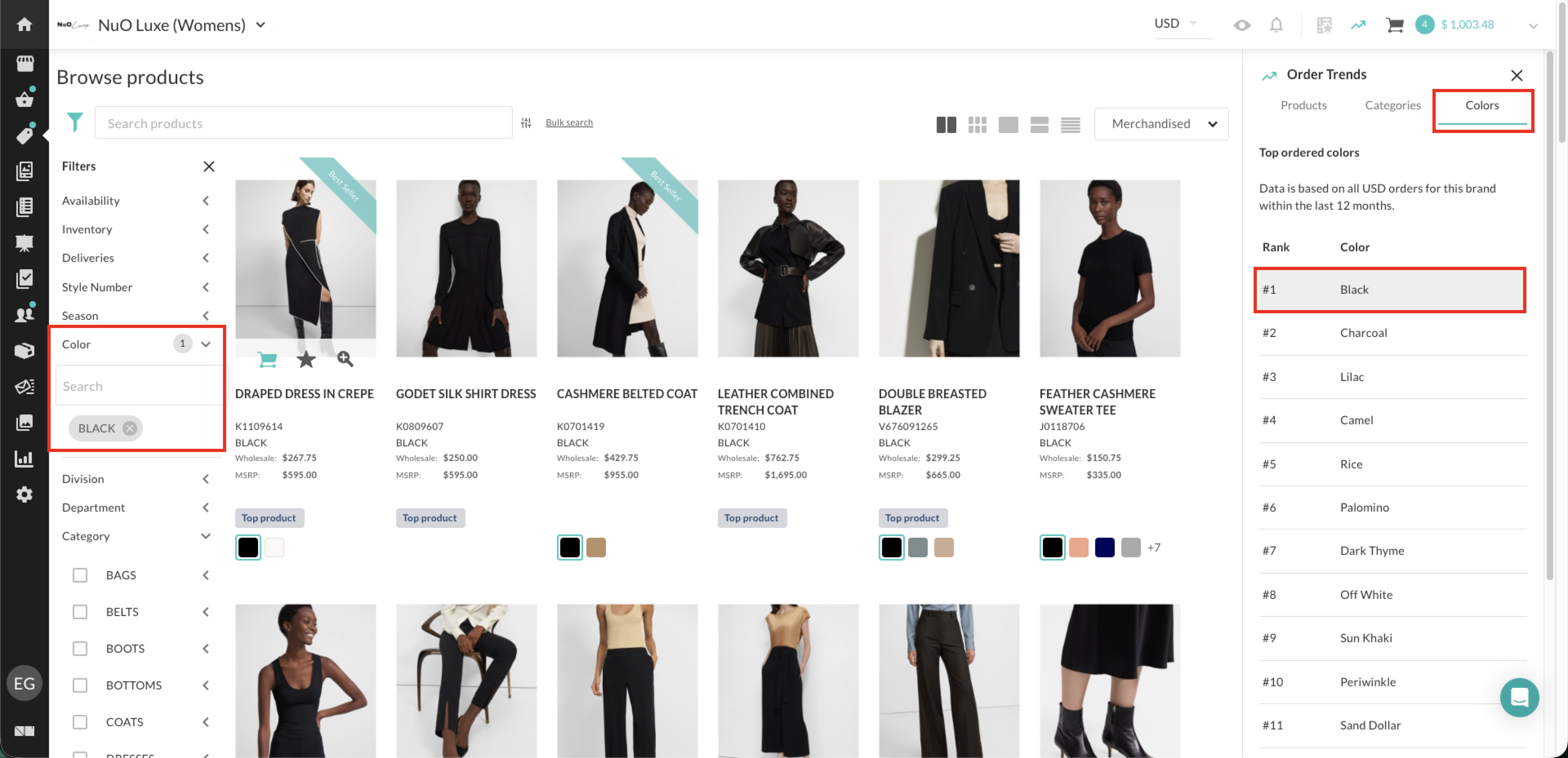 Image of a color selected in Order Trends and the filtered Product Gallery.