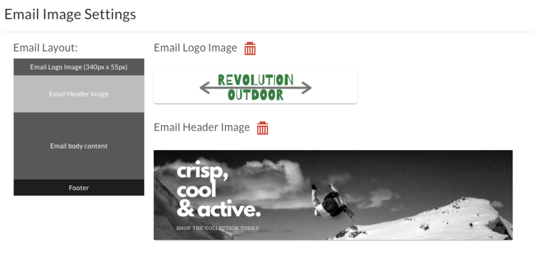 Image of the Email Image Settings page with uploaded images.