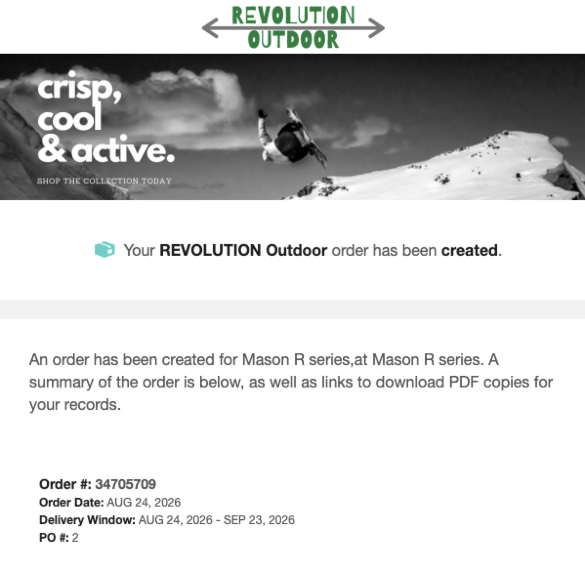 Image of a branded email with a logo, header image, and email content.