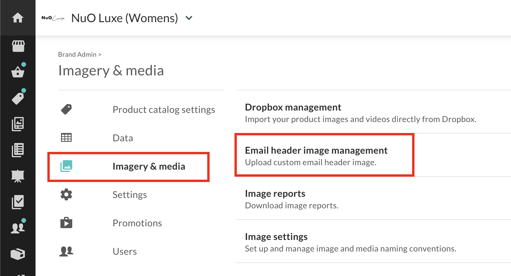 Brand Admin menu with Imagery and media and Email header image management selected.