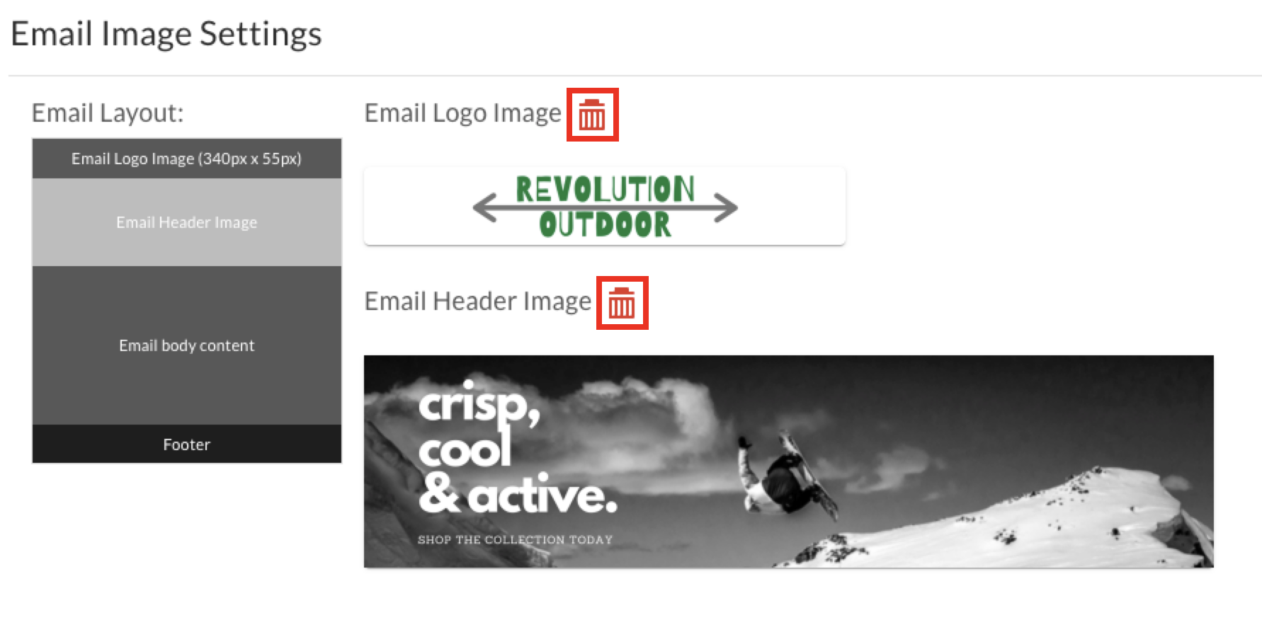 Image of the Email Image Settings page with the trash icon selected.