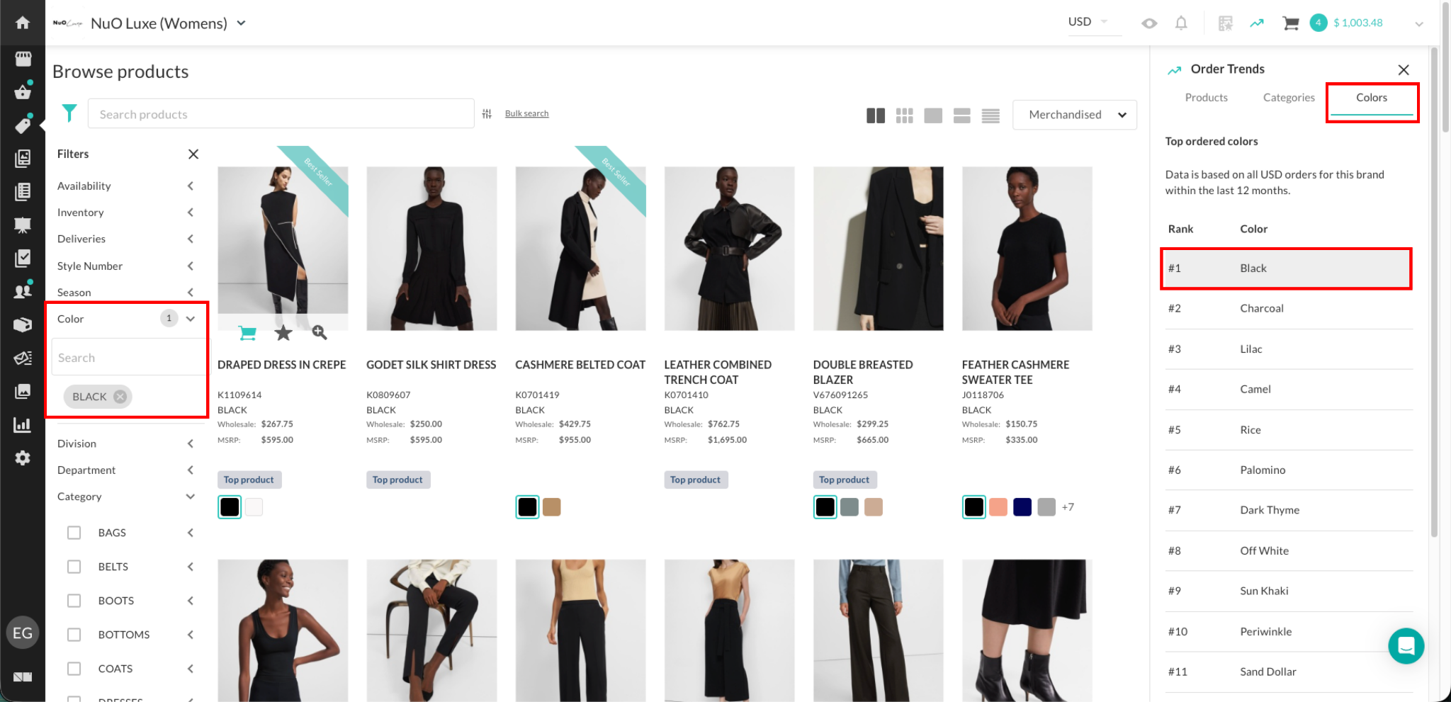Image of a selected color and filtered results on the Product Gallery.