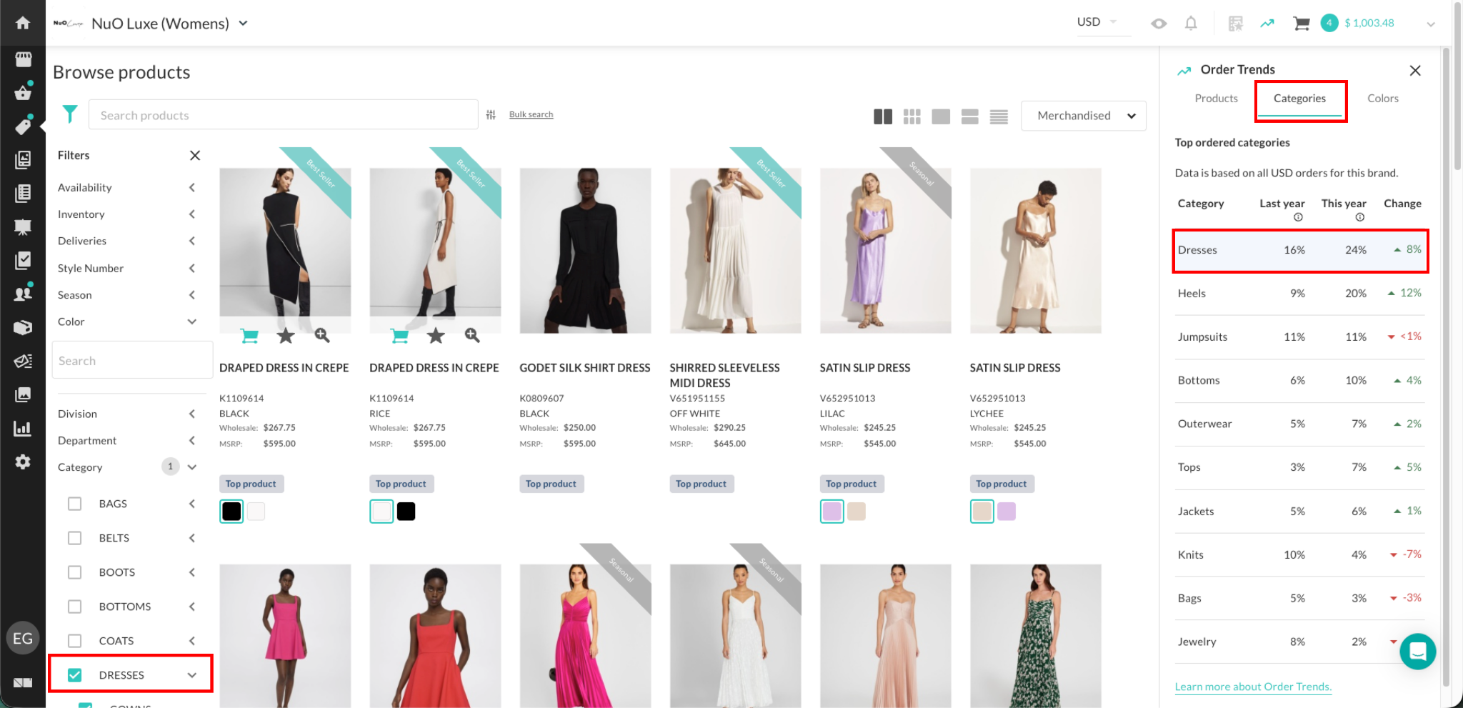 Image of a selected category and filtered results on the Product Gallery.