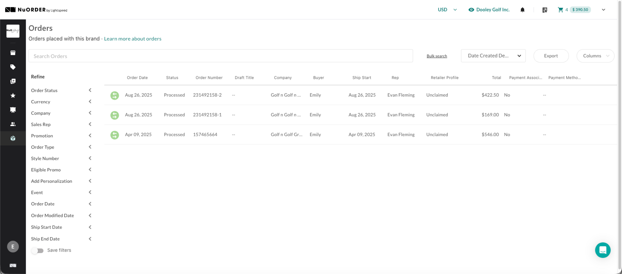 Image of a Orders page for a brand.