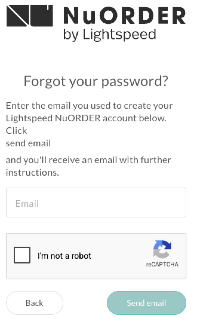 Image of password reset window with an email field, verification checkbox, and Send email button.
