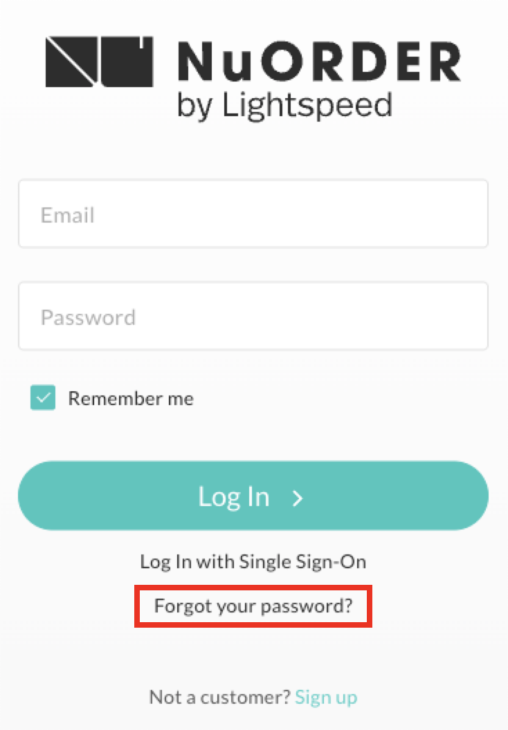 Image of NuORDER login page with the Forgot your password link highlighted.