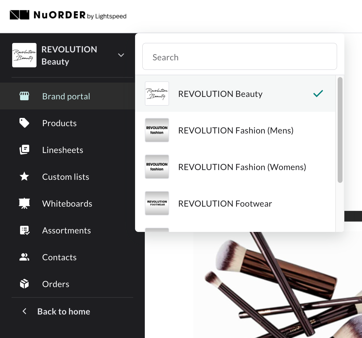 Image of brand portal menu with other brand options.