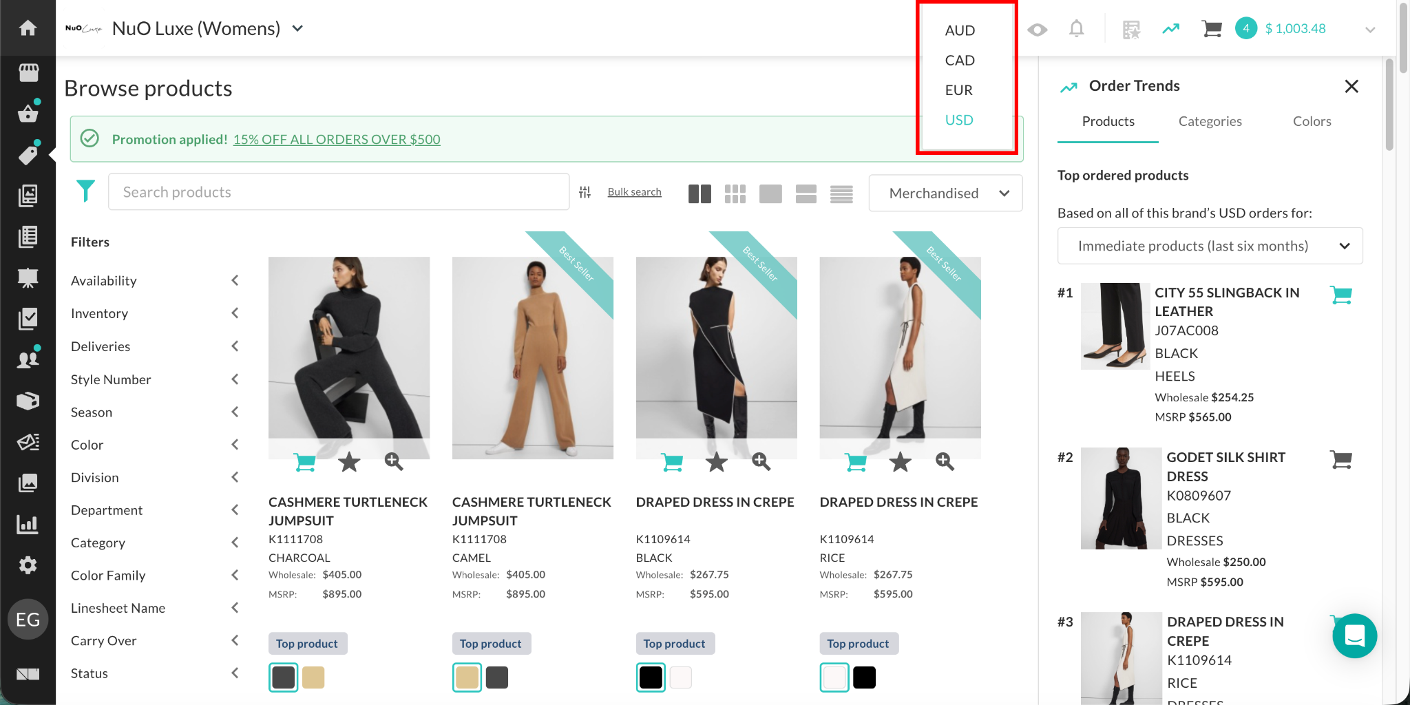 Image of Order Trends and the menu to change currency.