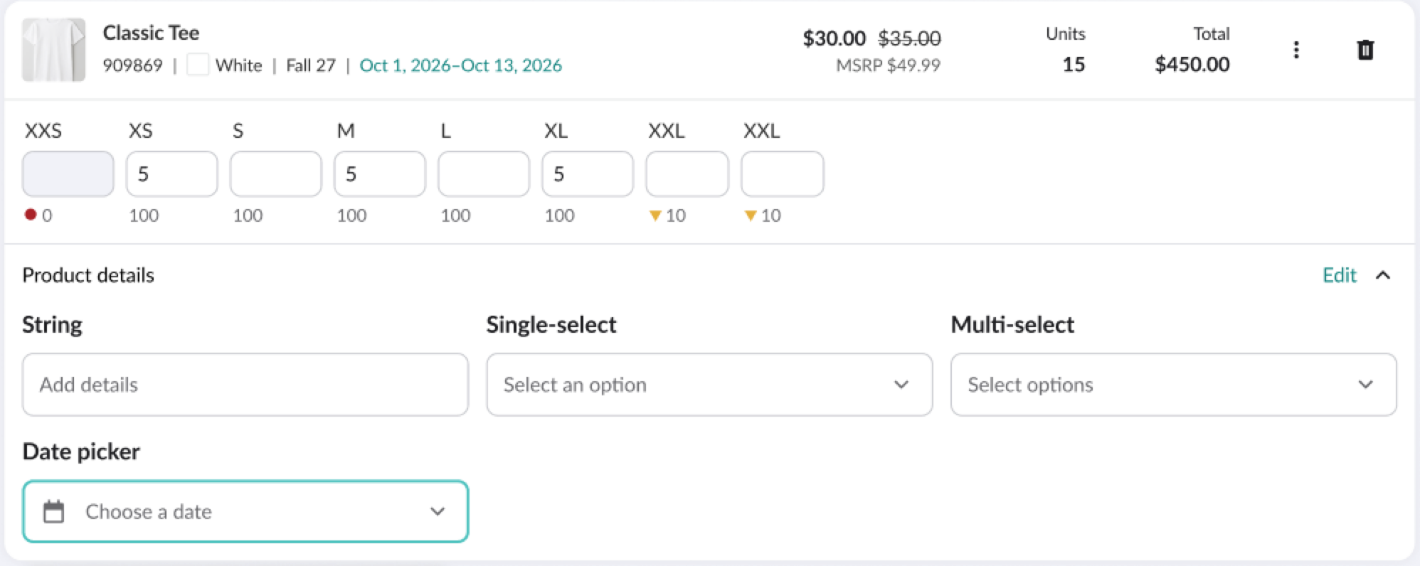 Image of a product with product fields.