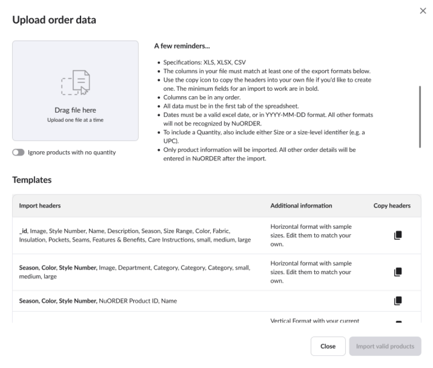 Image of the Upload order data screen.
