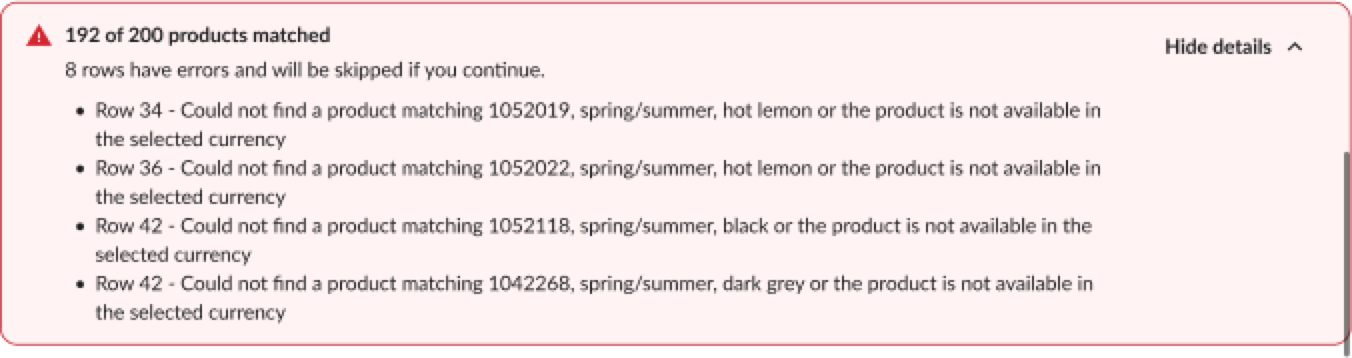Image of issues in spreadsheet.