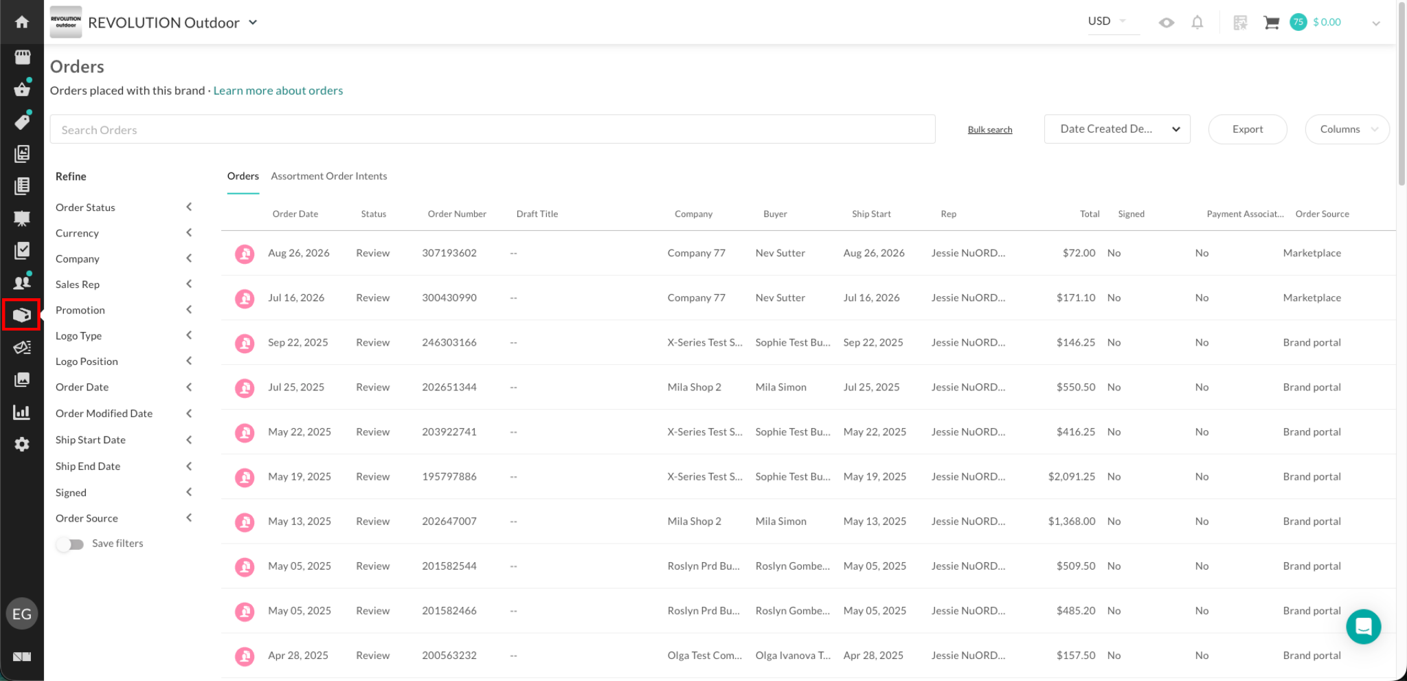 Image of the Orders page.