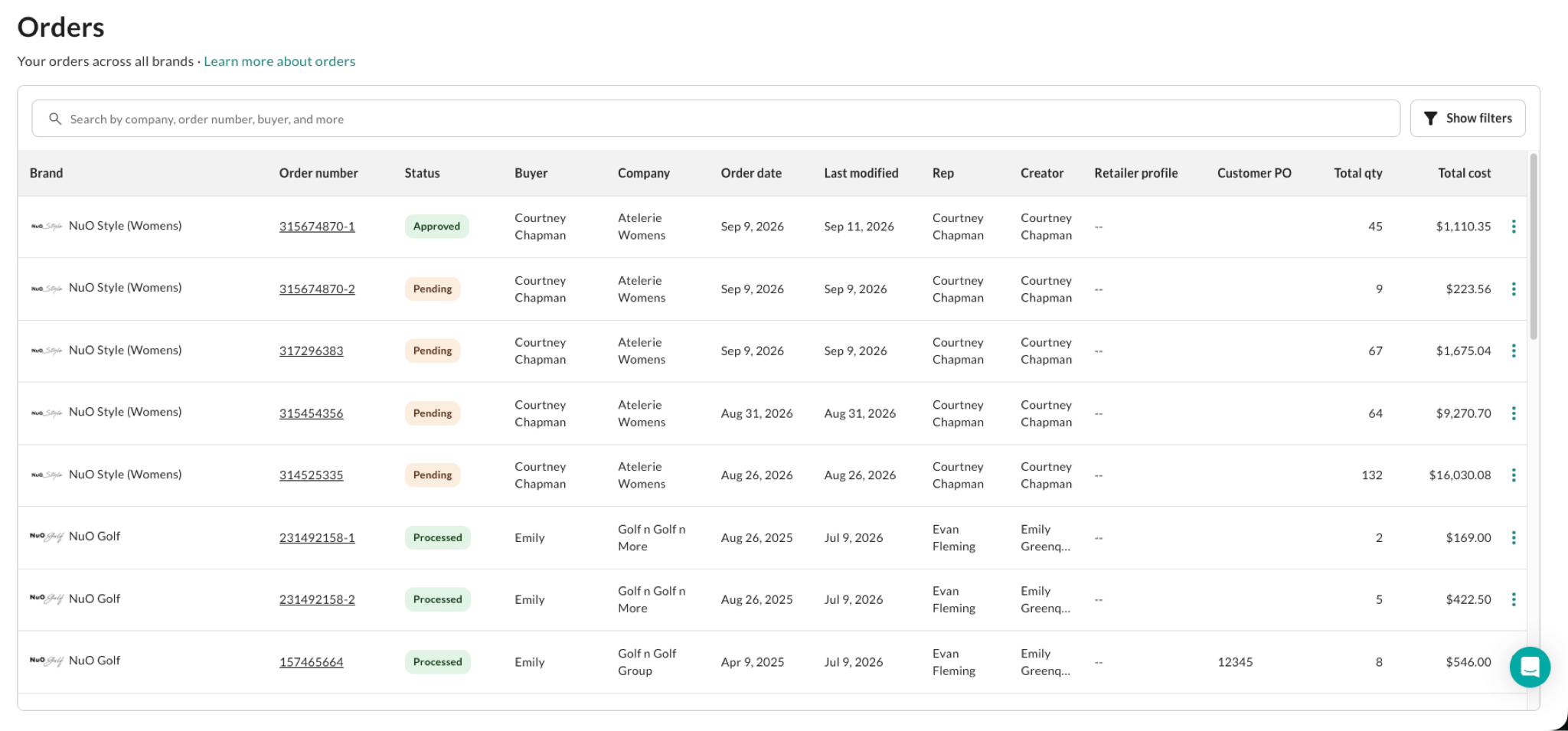 Image of the all Orders page.