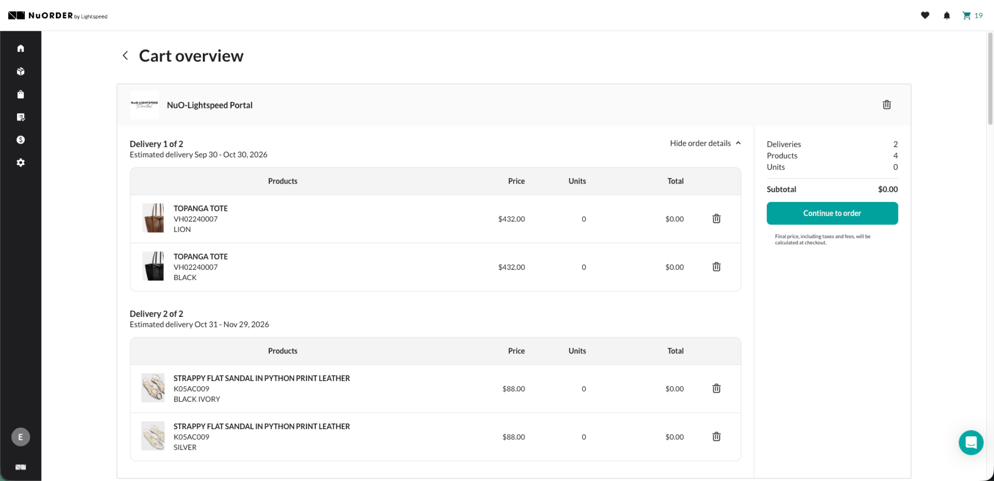 Image of Cart overview with order details shown.