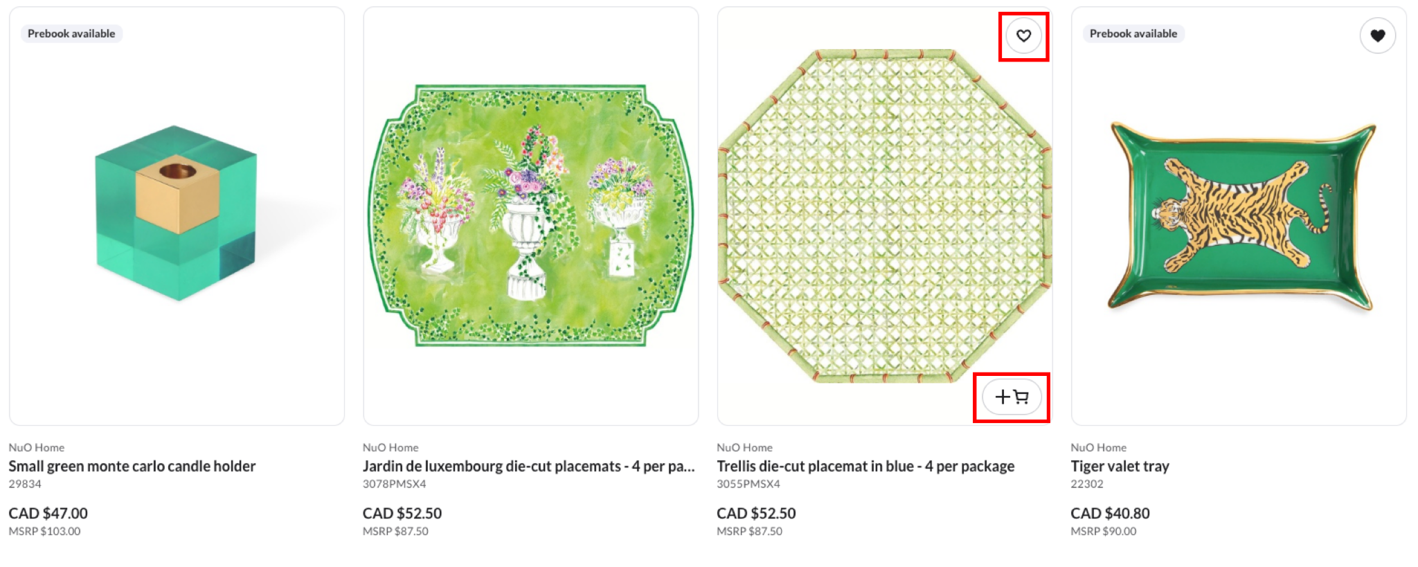IMage of favorites and cart icon on a product.