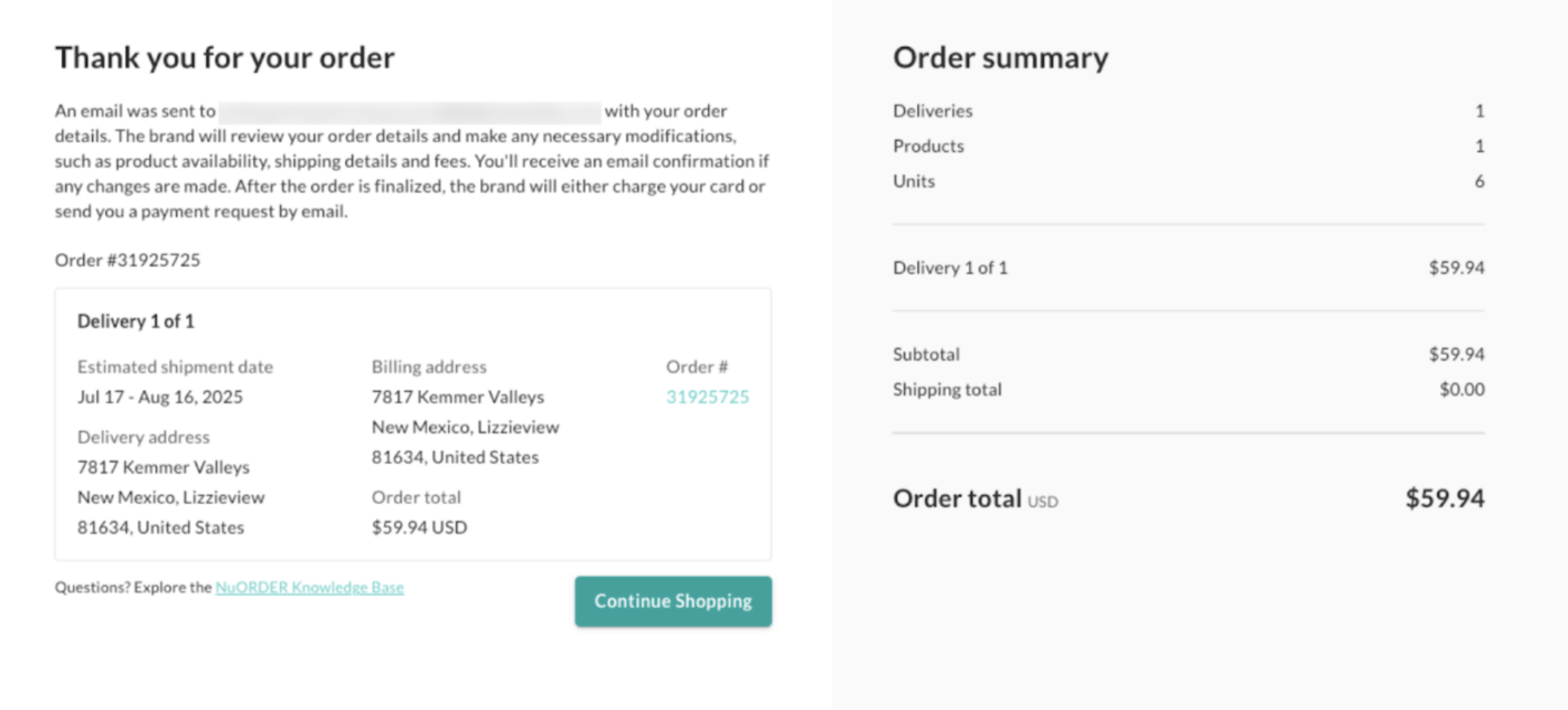 Image of the order confirmation page.