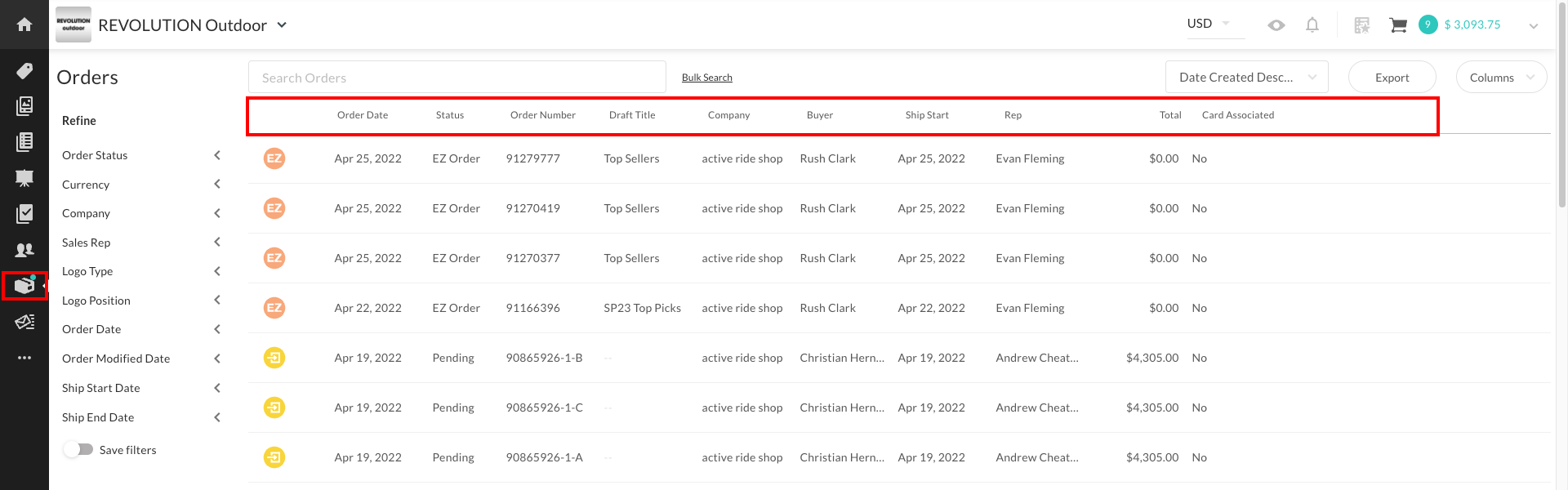 Example Orders tab.