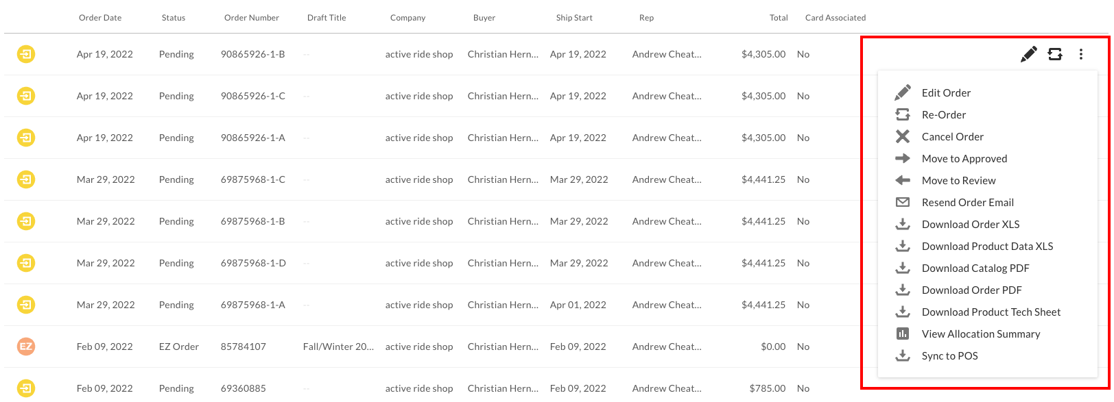 Hover over an order to see additional options.