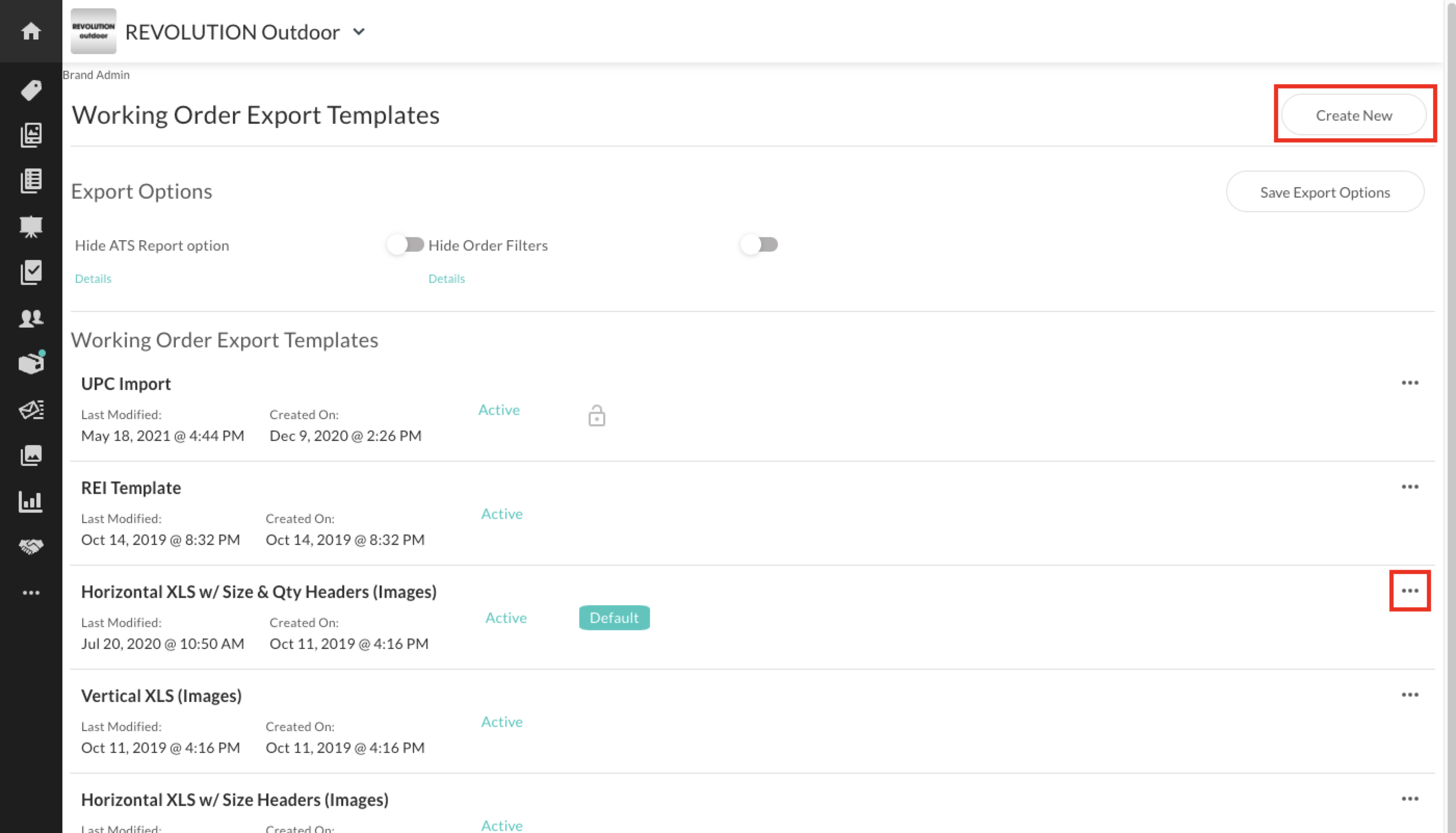Working order export templates and the Create New option.