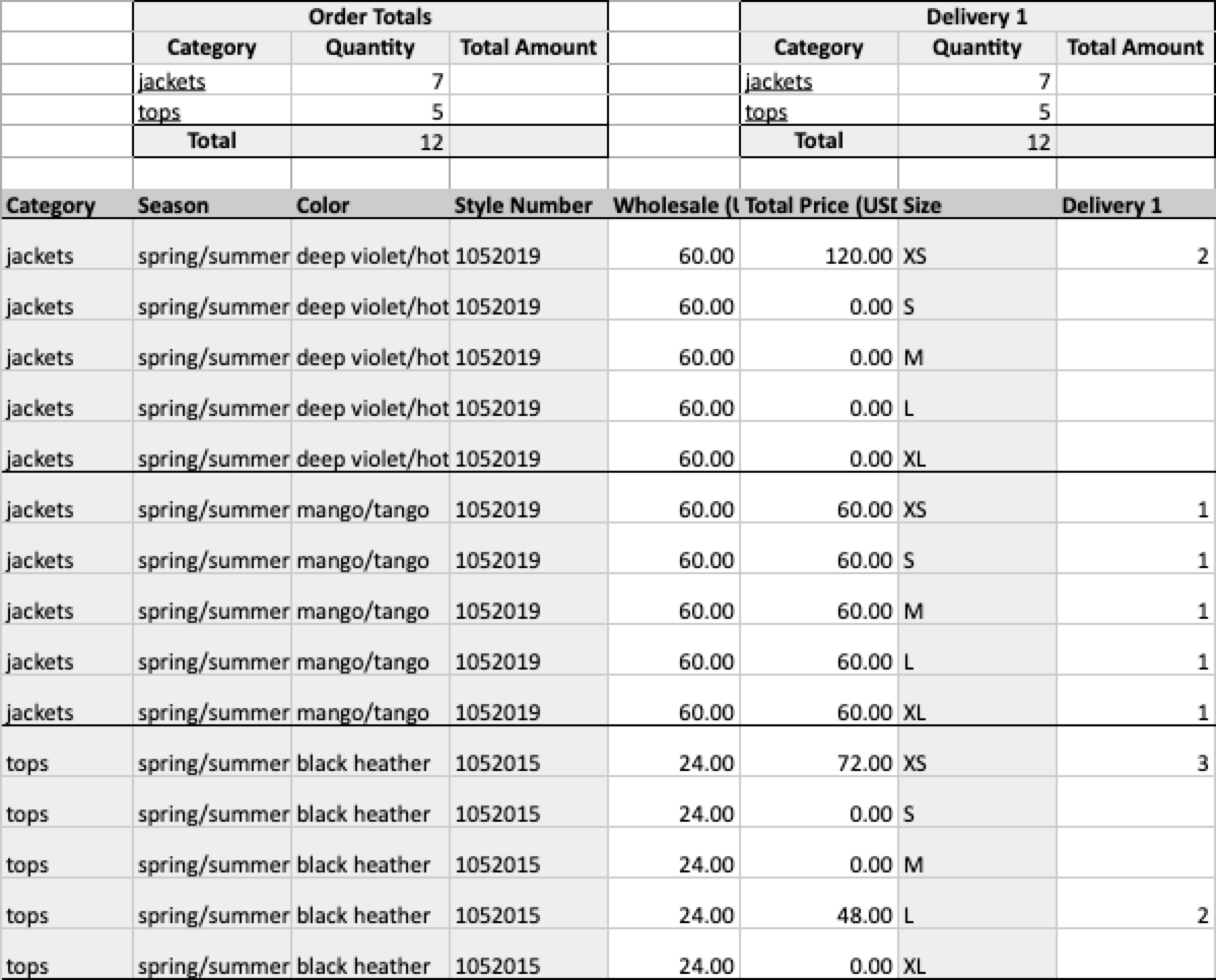 Example file showing Product Grouping with Group products in one tab.