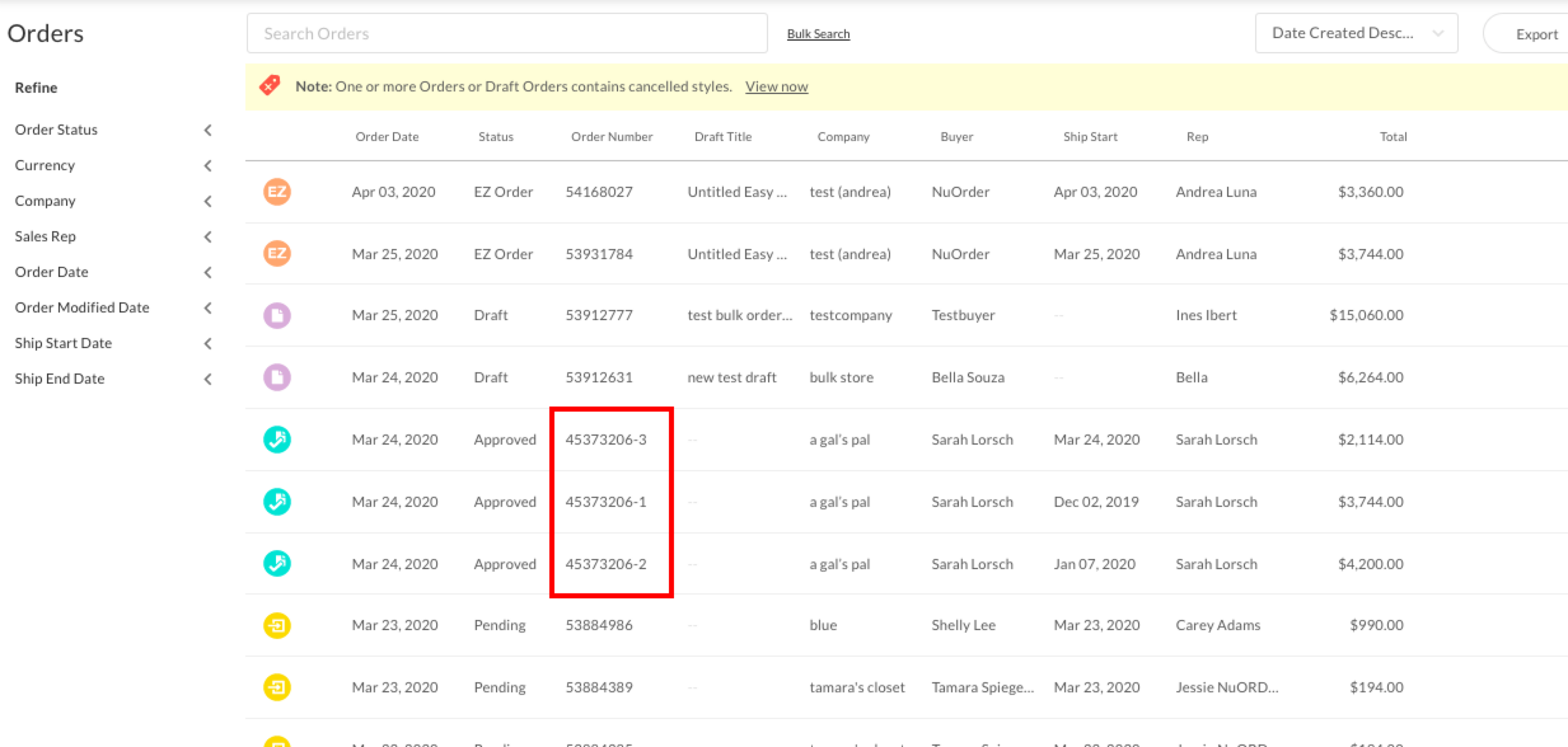 Example split orders.