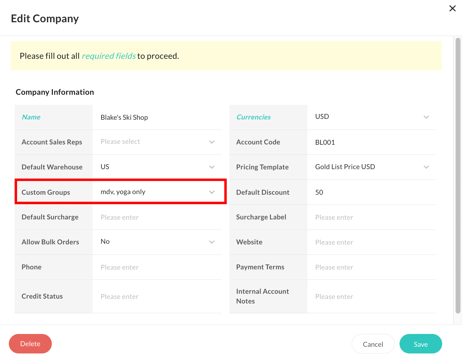 Customer Groups on a company.