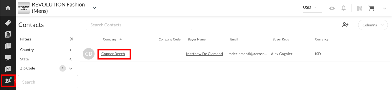 Contacts page in NuORDER.