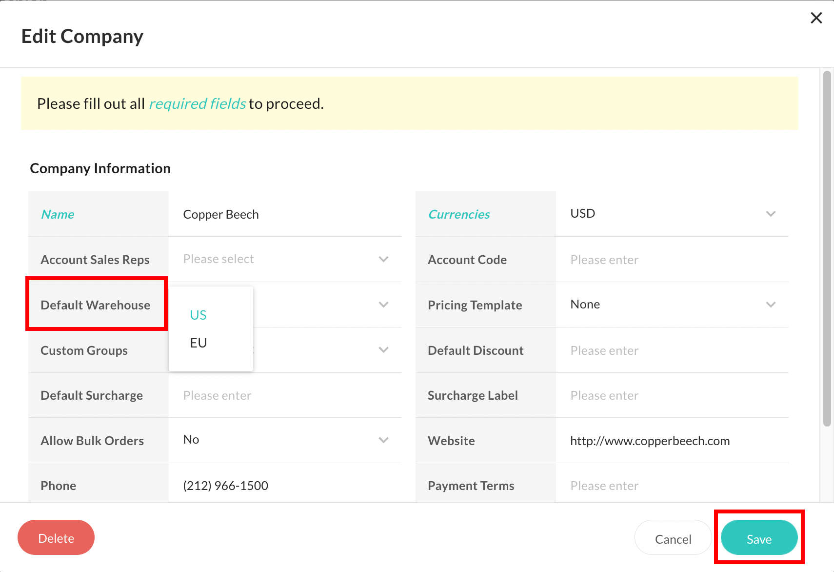 Assign the Default Warehouse on a company.