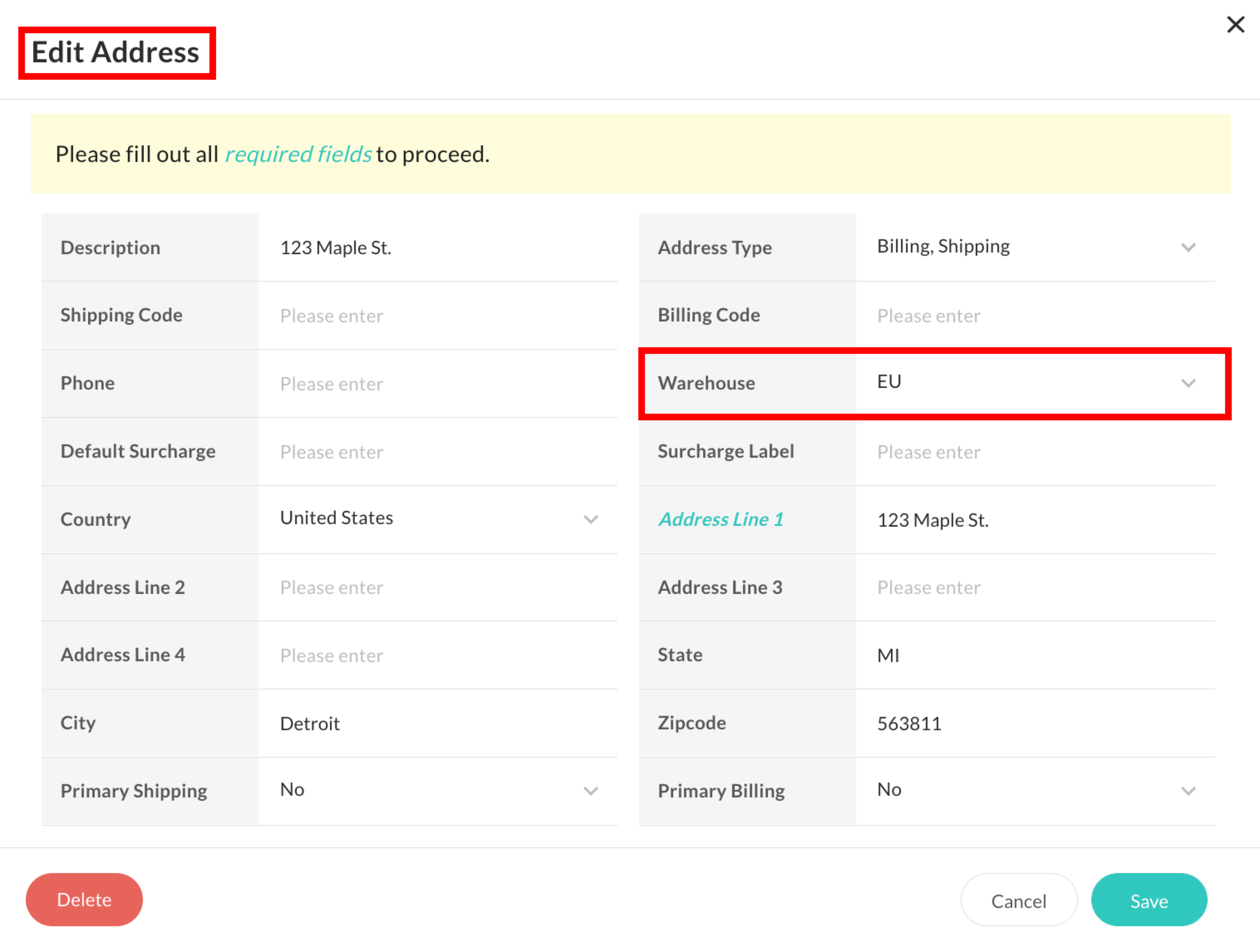 Assign a warehouse to an address.