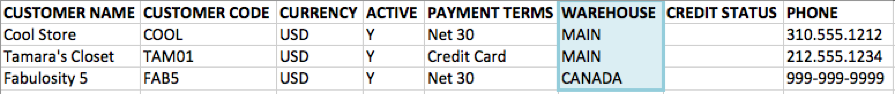 Warehouse column in a Company Data spreadsheet.
