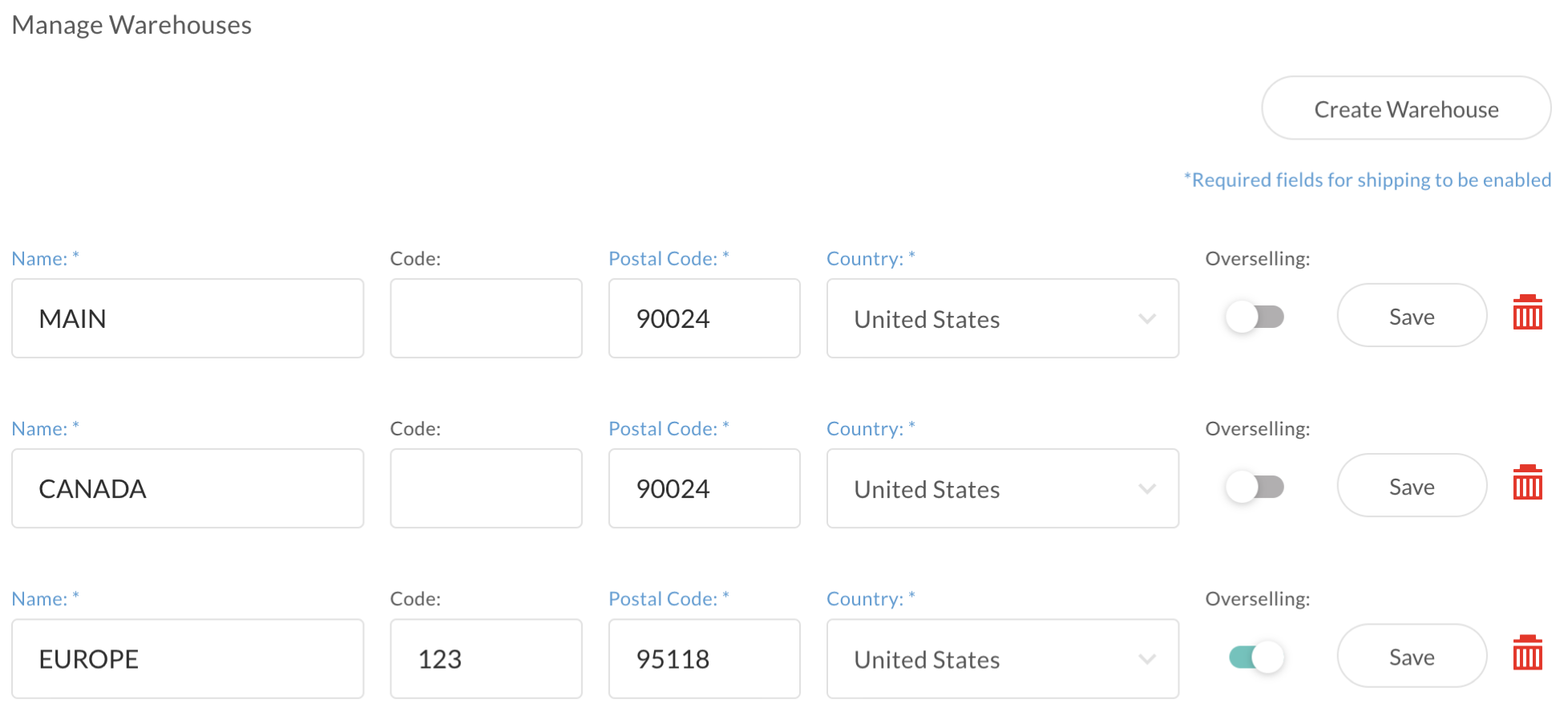 Manage Warehouses section.