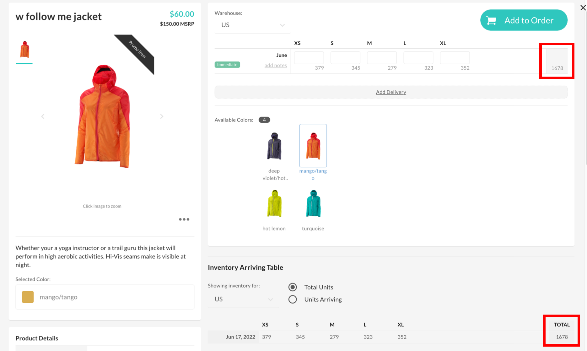 Totals displayed in product details.