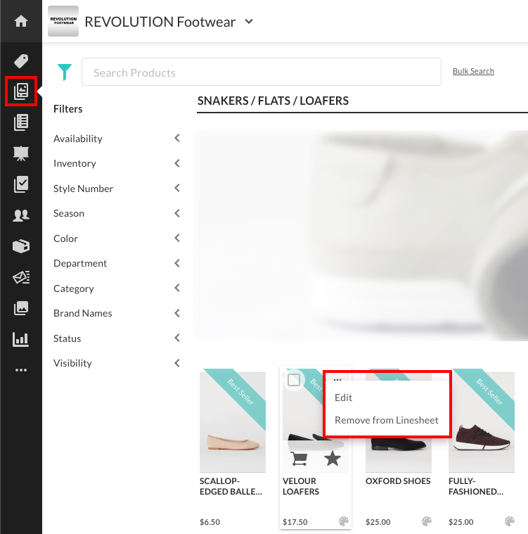 For Linesheets, select the ellipse menu icon and then Edit.