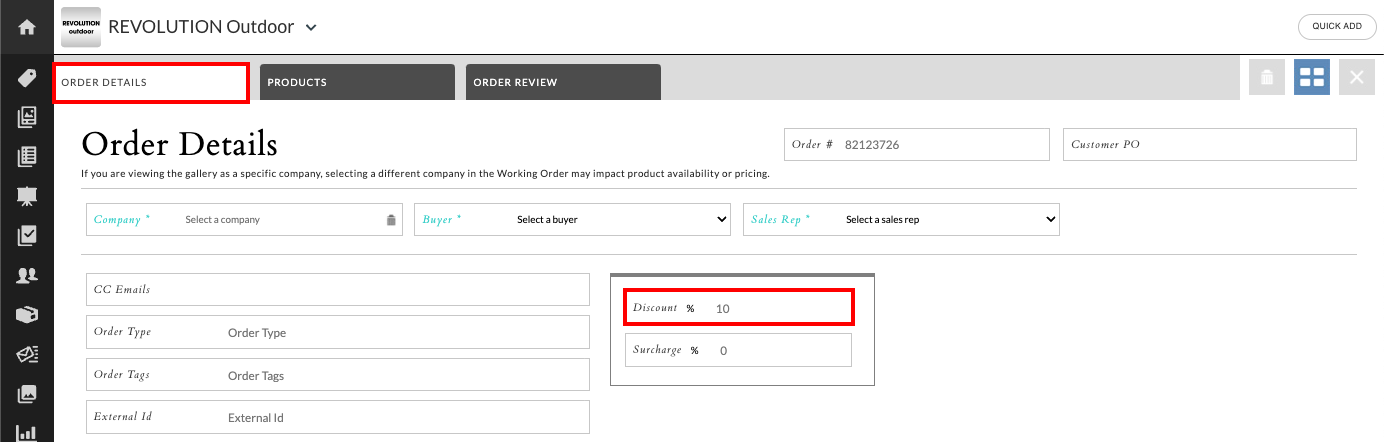Add a discount to all products from the Order Details tab.