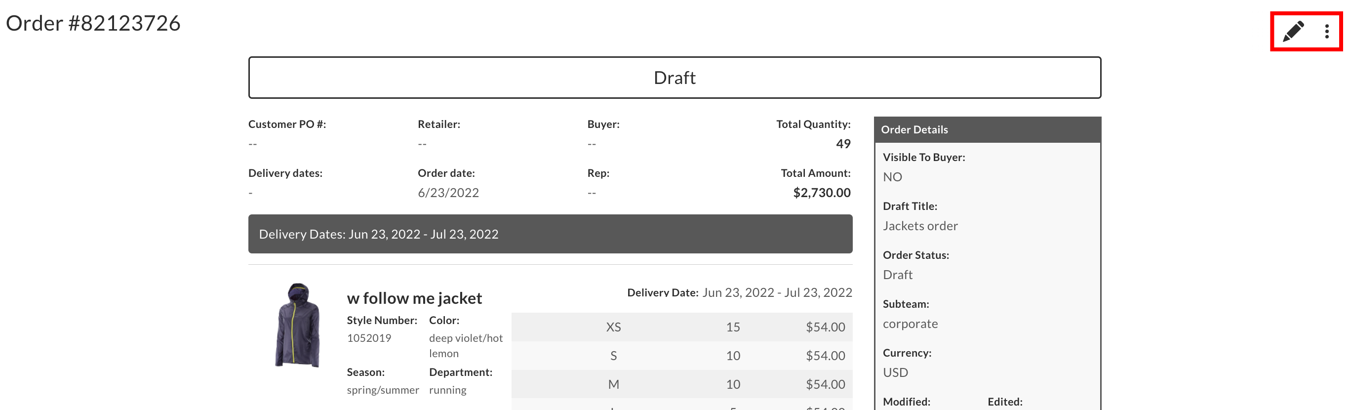 Draft order details.