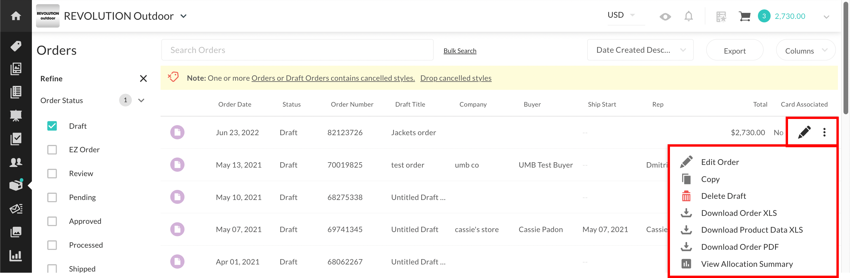 Orders page more actions.