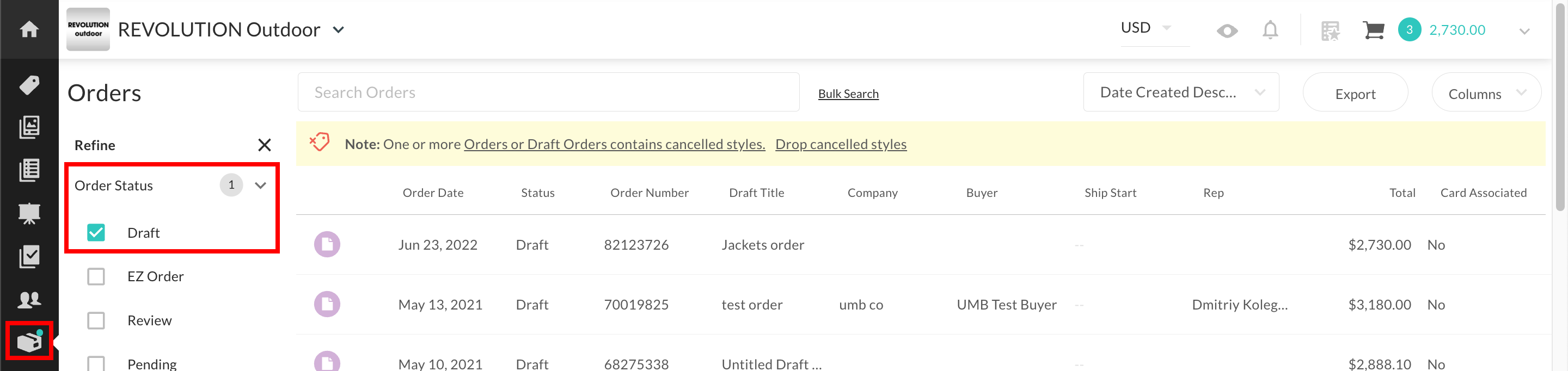 Orders page.