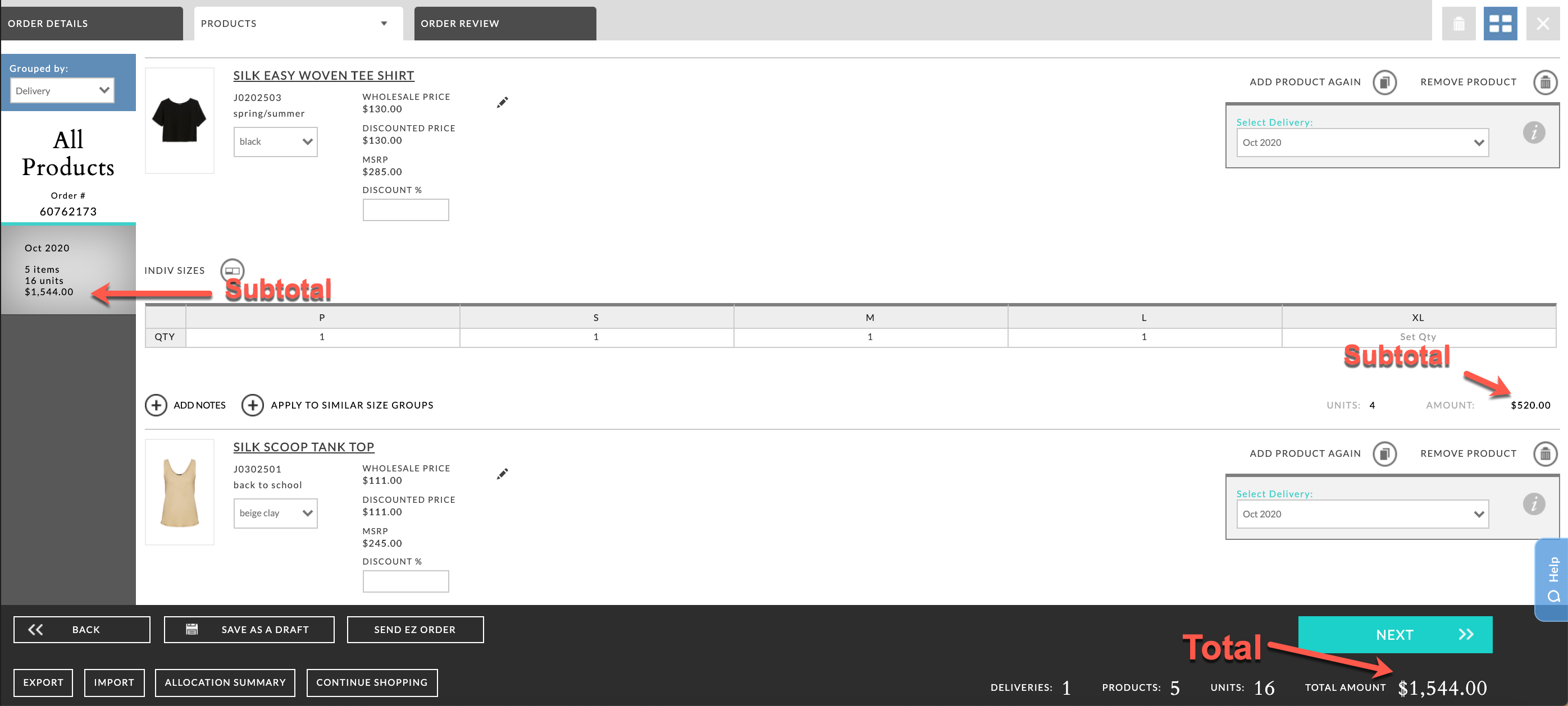 Subtotals and total on Products tab.